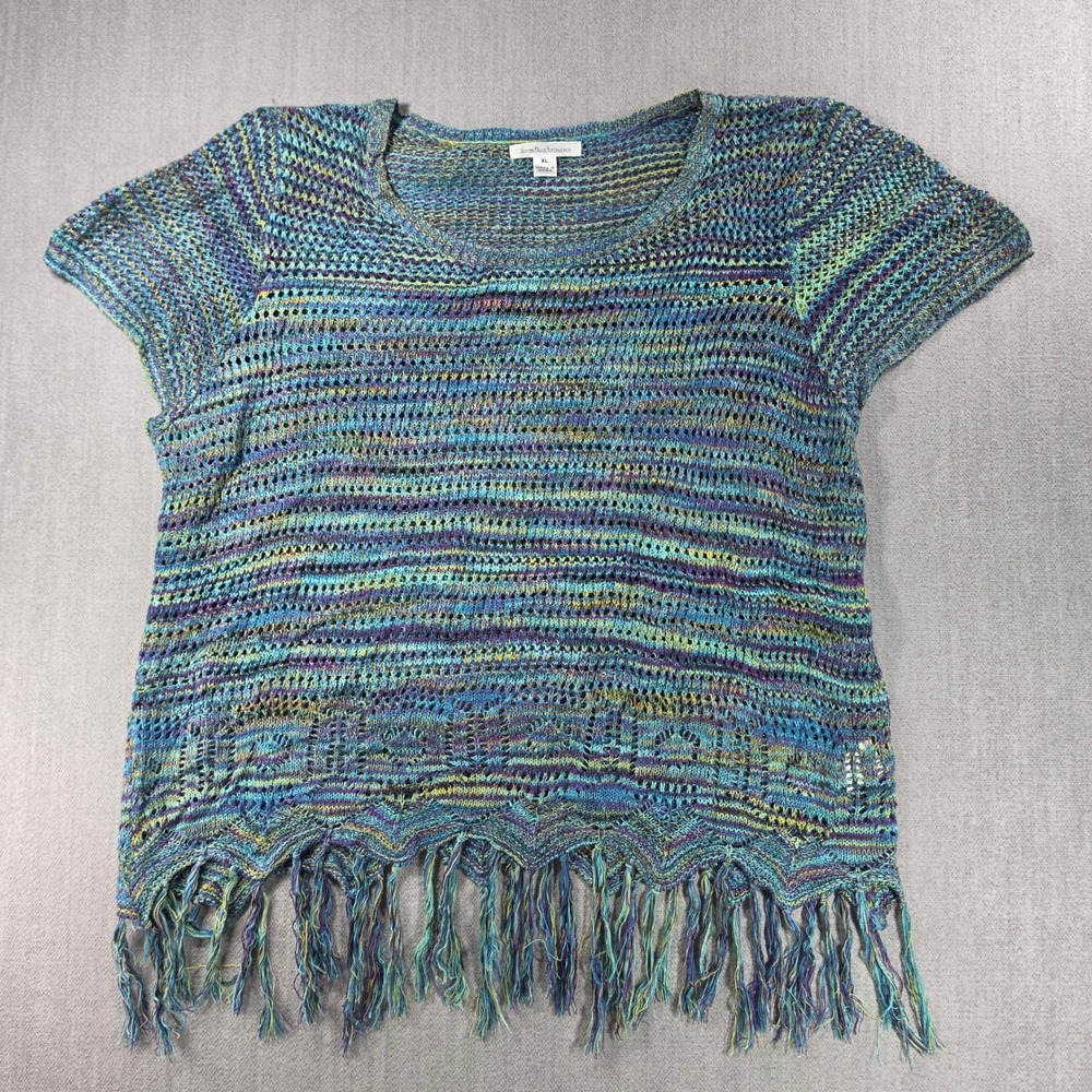 John Paul Richard Knit Top Womens XL Blue Space Dye Fringe Boho Short Sleeve